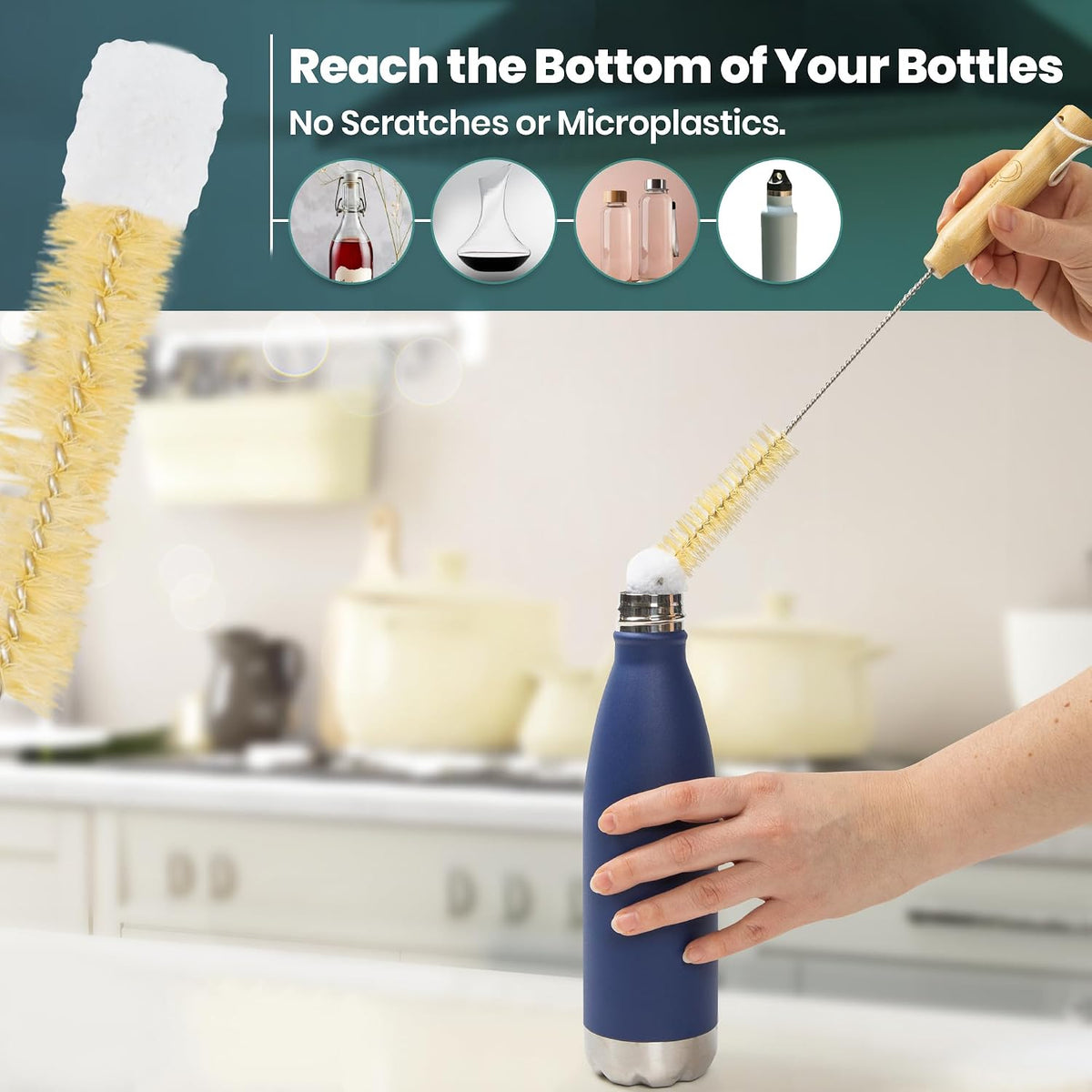 Bamboo Bottle Brush Set, Plastic Free Bottle & Straw Cleaning Kit