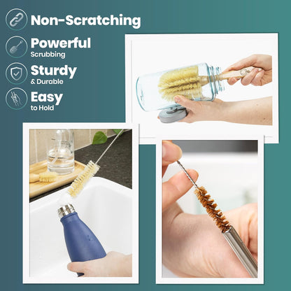 Bamboo Bottle Brush Set, Plastic Free Bottle & Straw Cleaning Kit