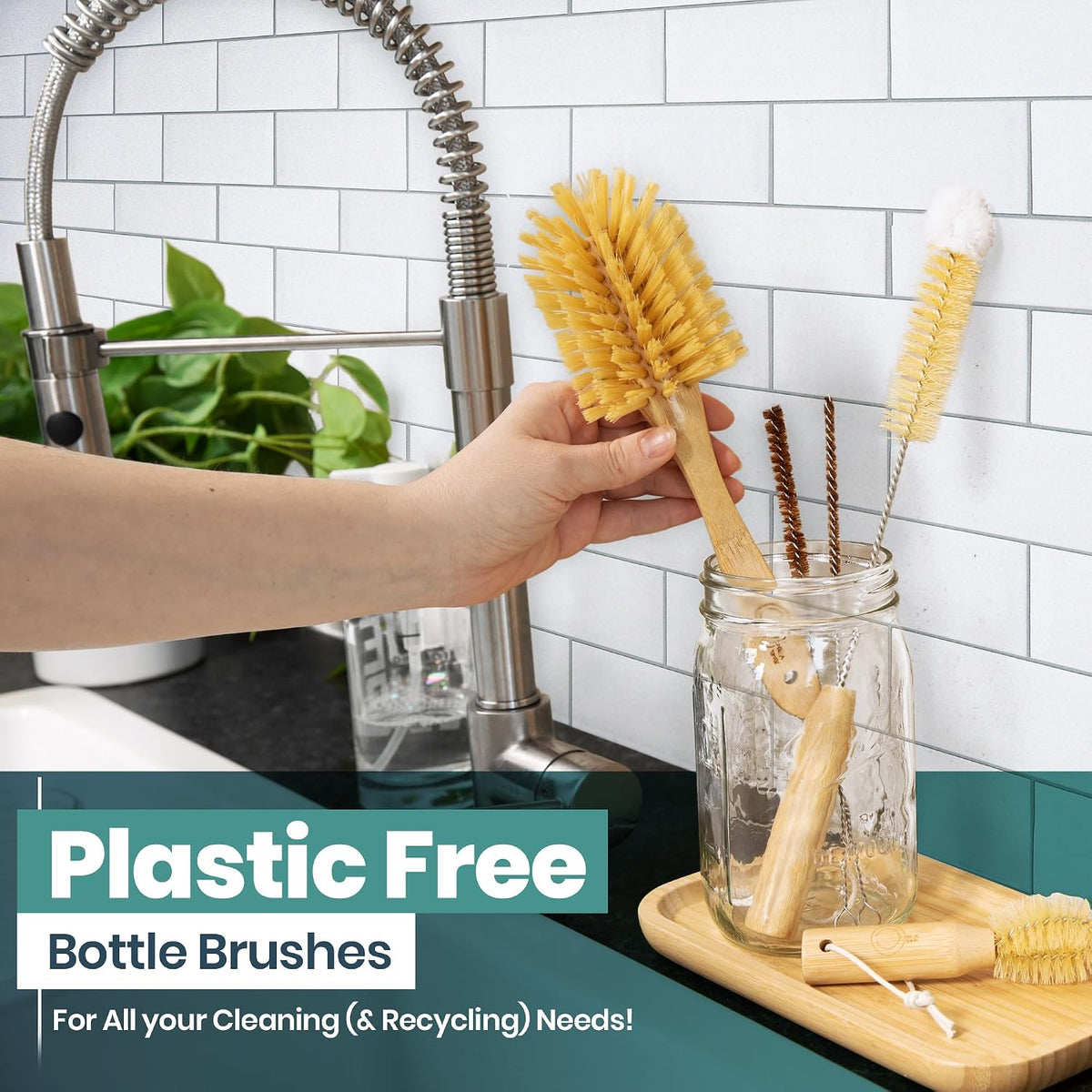 Bamboo Bottle Brush Set, Plastic Free Bottle & Straw Cleaning Kit