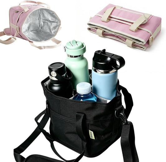 4 Compartment Drink Carrier Bag Family Size Insulated Water Bottle Holder & Tumbler Tote with Adjustable Strap Nylon Organizer Caddy with Front Pocket for Travel, Picnic No-Spill (Black)
