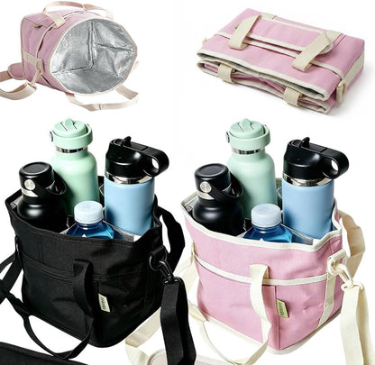 4 Compartment Drink Carrier Bag Family Size Insulated Water Bottle Holder & Tumbler Tote with Adjustable Strap Nylon Organizer Caddy with Front Pocket for Travel, Picnic No-Spill (Black)