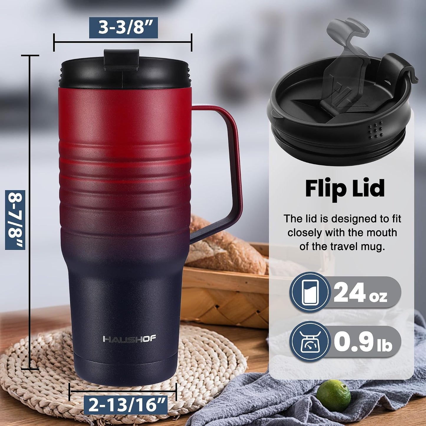 24 oz Travel Mug with Handle, Stainless Steel Vacuum Insulated Coffee, Double Wall Travel Mugs with Leakproof Lid, BPA Free