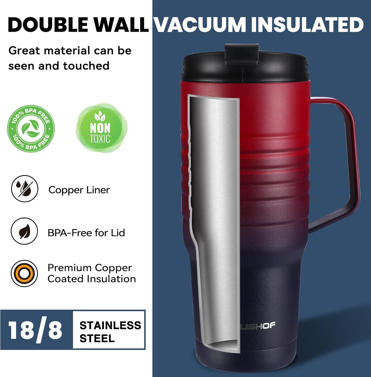 24 oz Travel Mug with Handle, Stainless Steel Vacuum Insulated Coffee, Double Wall Travel Mugs with Leakproof Lid, BPA Free