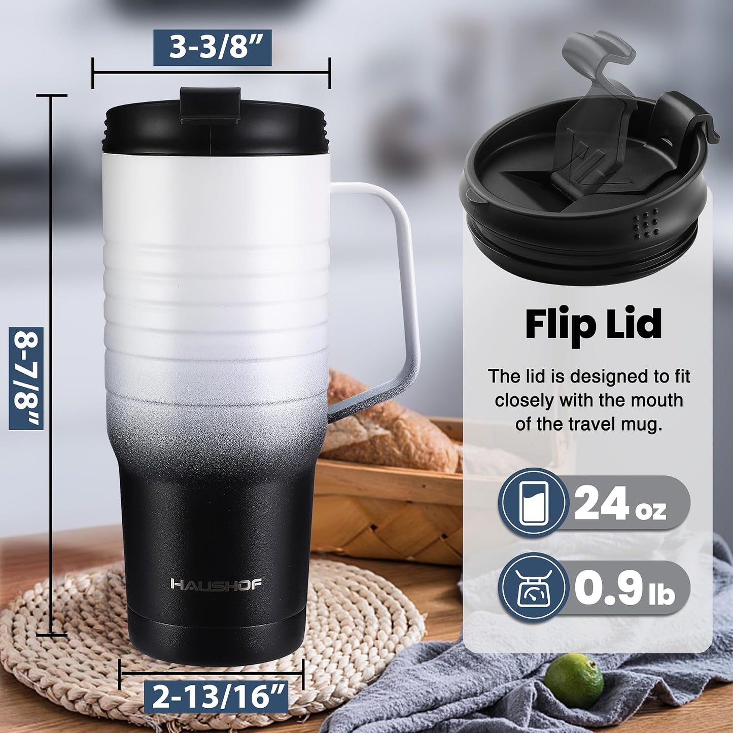 24 oz Travel Mug with Handle, Stainless Steel Vacuum Insulated Coffee, Double Wall Travel Mugs with Leakproof Lid, BPA Free