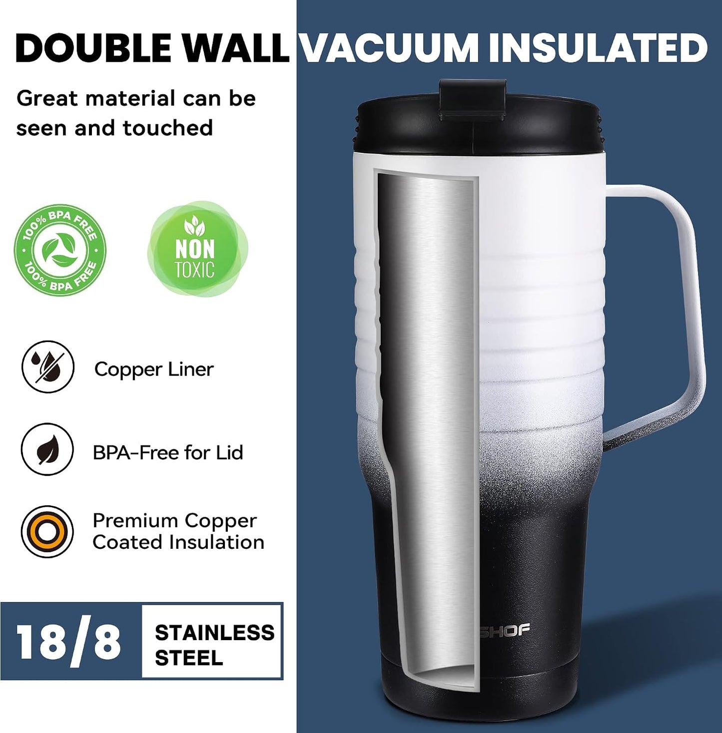 24 oz Travel Mug with Handle, Stainless Steel Vacuum Insulated Coffee, Double Wall Travel Mugs with Leakproof Lid, BPA Free
