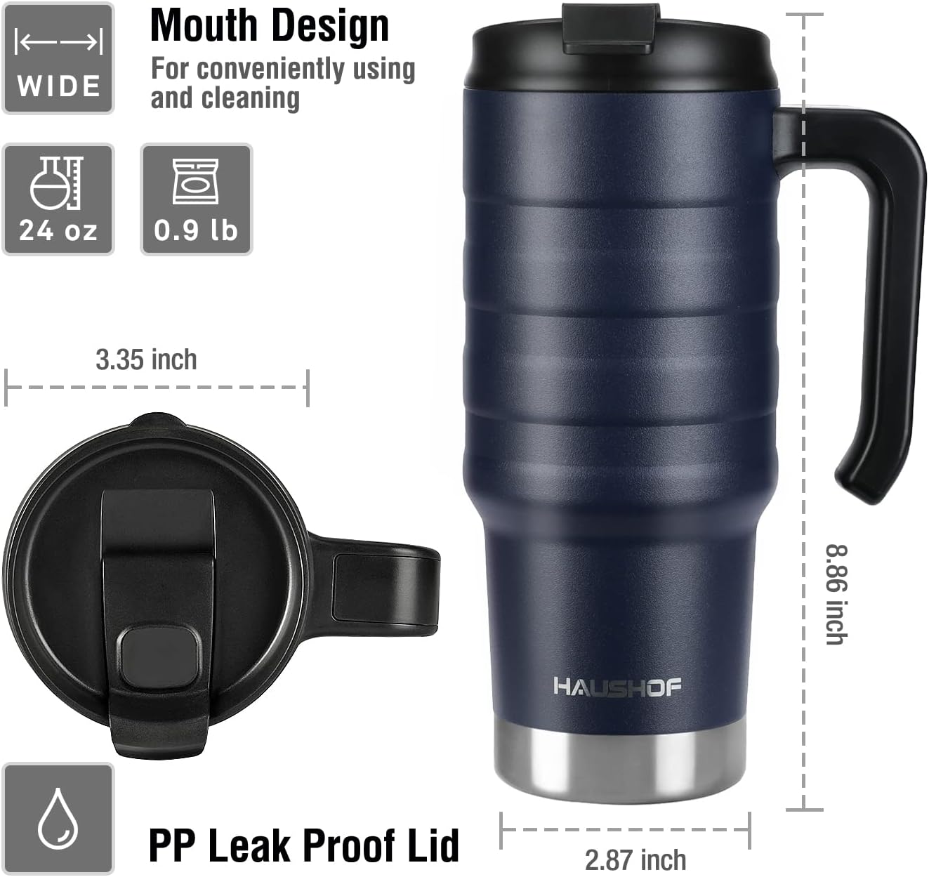 24 oz Travel Mug with Handle, Stainless Steel Vacuum Insulated Coffee, Double Wall Travel Mugs with Leakproof Lid, BPA Free