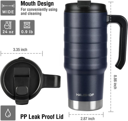 24 oz Travel Mug with Handle, Stainless Steel Vacuum Insulated Coffee, Double Wall Travel Mugs with Leakproof Lid, BPA Free