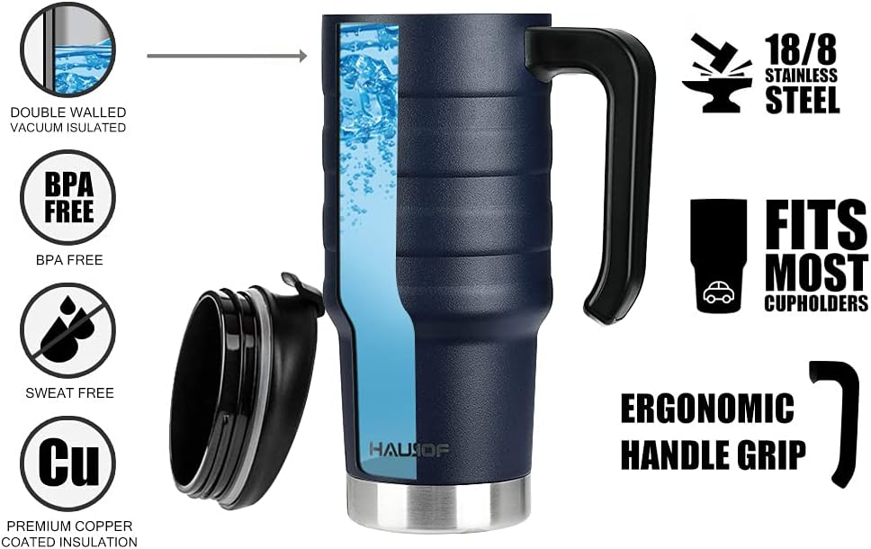 24 oz Travel Mug with Handle, Stainless Steel Vacuum Insulated Coffee, Double Wall Travel Mugs with Leakproof Lid, BPA Free