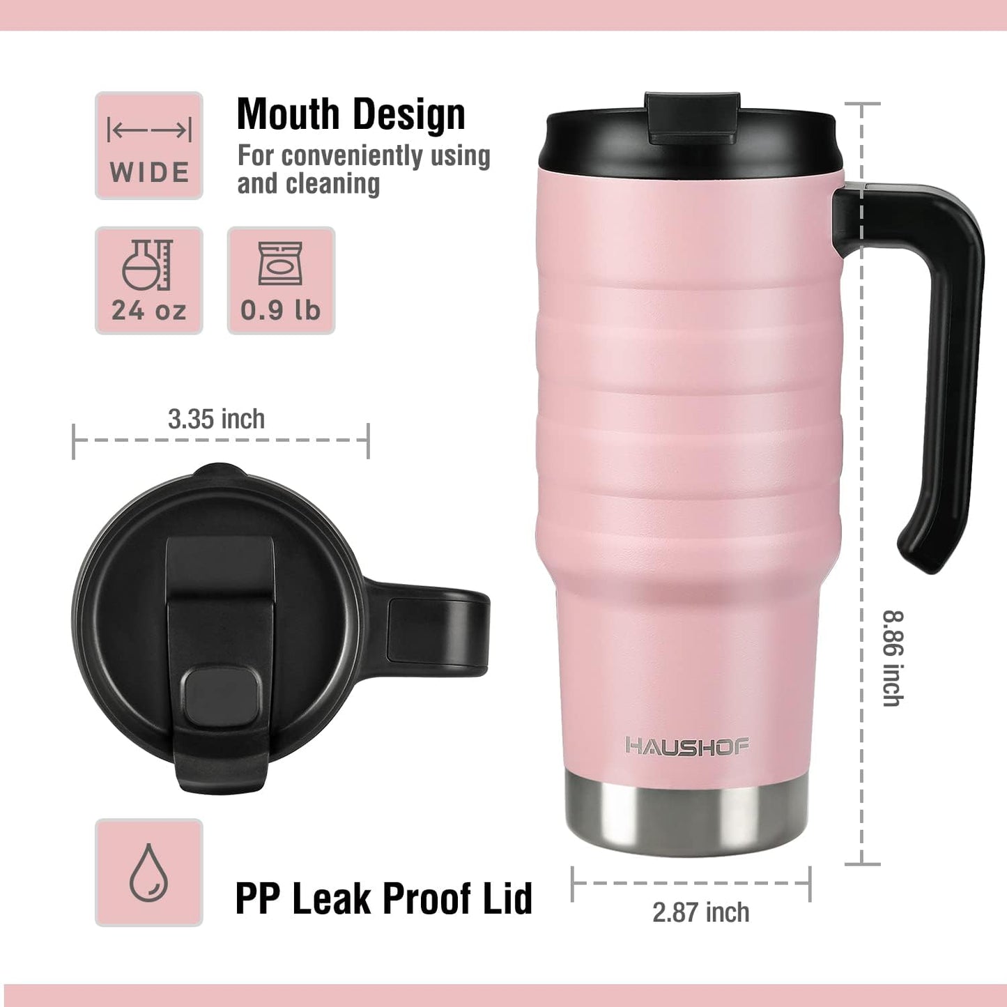 24 oz Travel Mug with Handle, Stainless Steel Vacuum Insulated Coffee, Double Wall Travel Mugs with Leakproof Lid, BPA Free