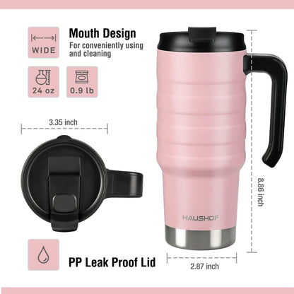 24 oz Travel Mug with Handle, Stainless Steel Vacuum Insulated Coffee, Double Wall Travel Mugs with Leakproof Lid, BPA Free