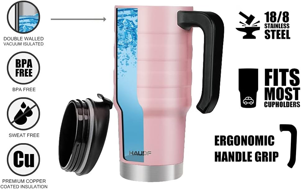 24 oz Travel Mug with Handle, Stainless Steel Vacuum Insulated Coffee, Double Wall Travel Mugs with Leakproof Lid, BPA Free