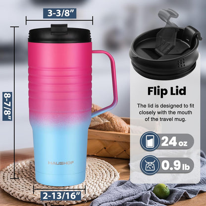 24 oz Travel Mug with Handle, Stainless Steel Vacuum Insulated Coffee, Double Wall Travel Mugs with Leakproof Lid, BPA Free
