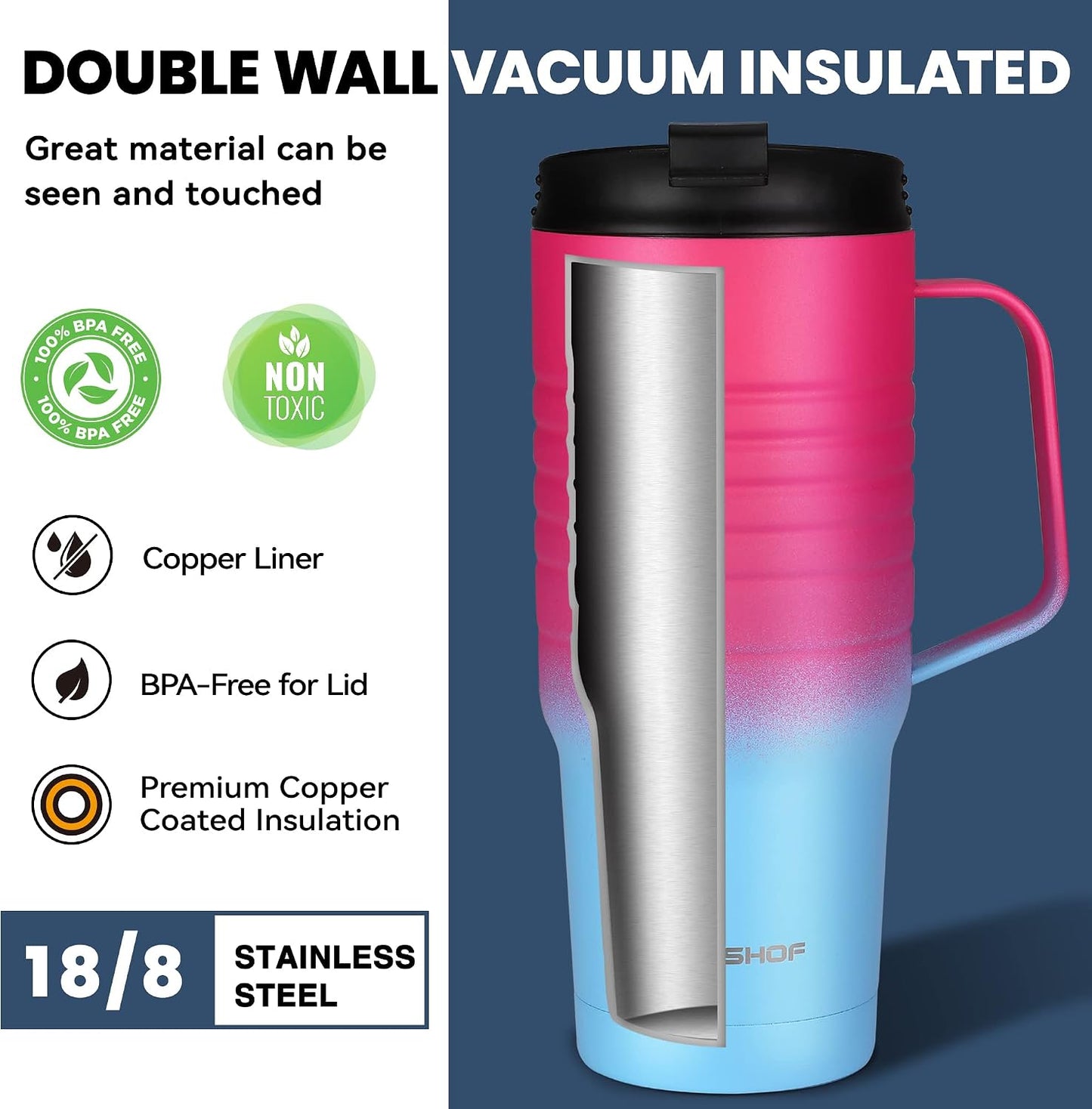 24 oz Travel Mug with Handle, Stainless Steel Vacuum Insulated Coffee, Double Wall Travel Mugs with Leakproof Lid, BPA Free