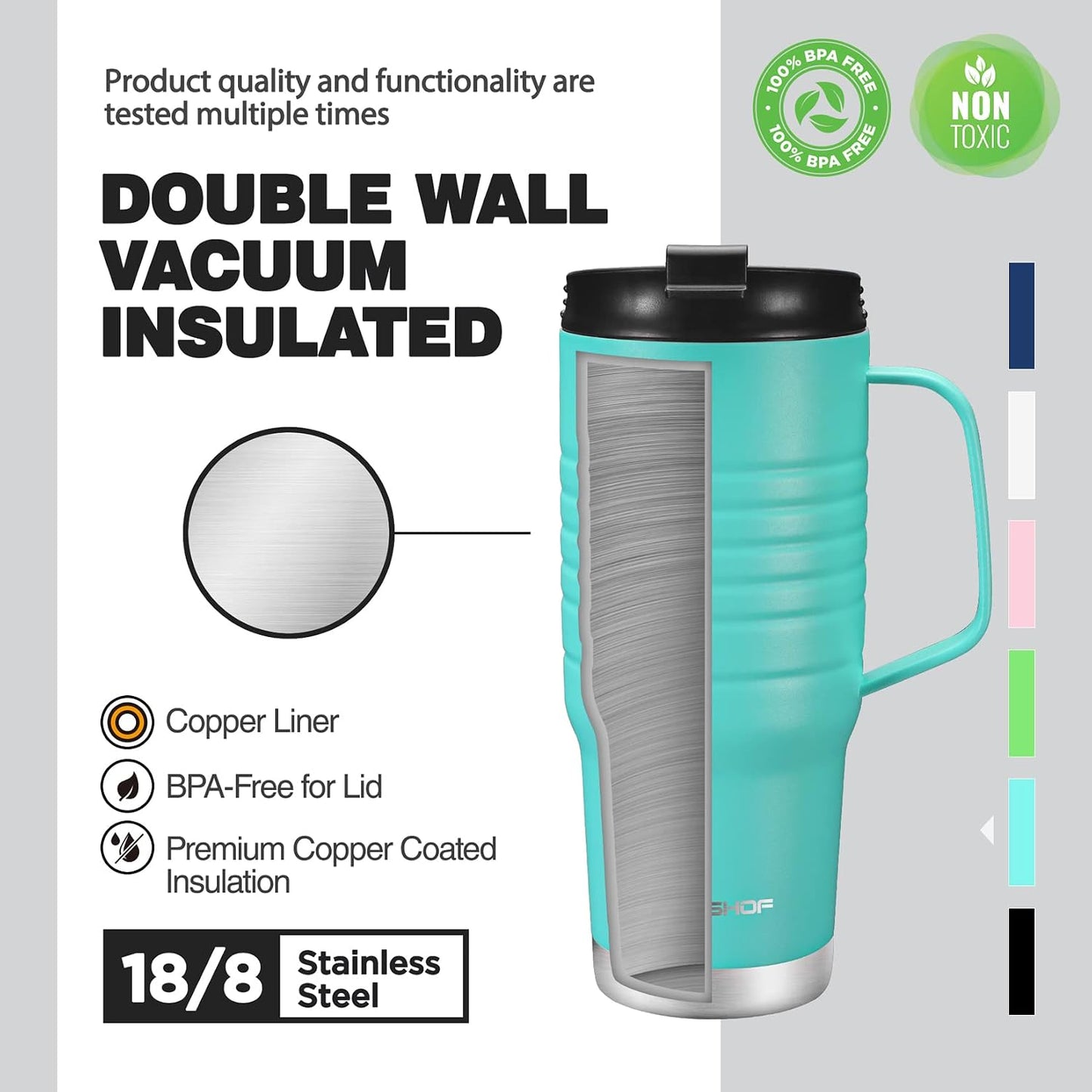 24 oz Travel Mug with Handle, Stainless Steel Vacuum Insulated Coffee, Double Wall Travel Mugs with Leakproof Lid, BPA Free