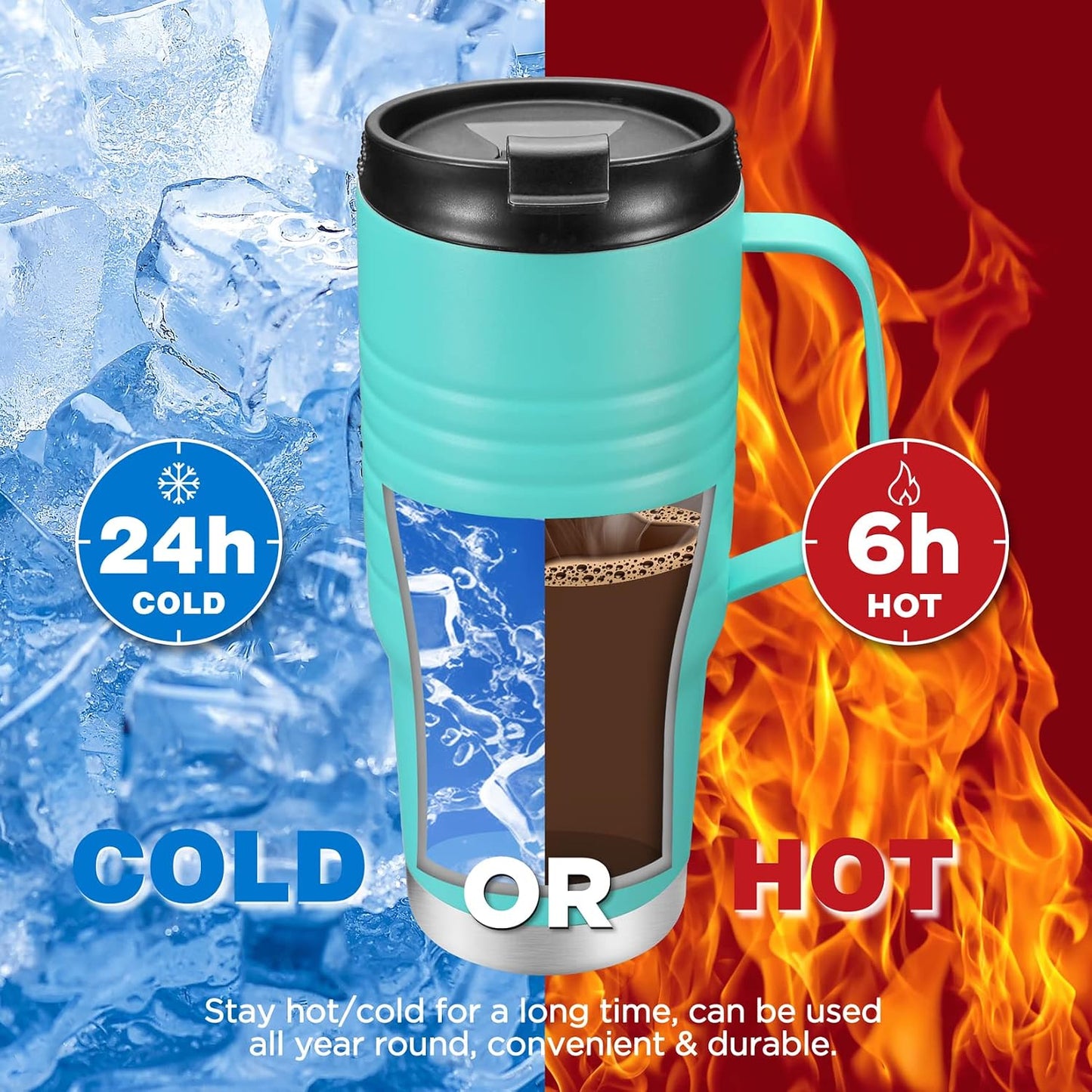 24 oz Travel Mug with Handle, Stainless Steel Vacuum Insulated Coffee, Double Wall Travel Mugs with Leakproof Lid, BPA Free