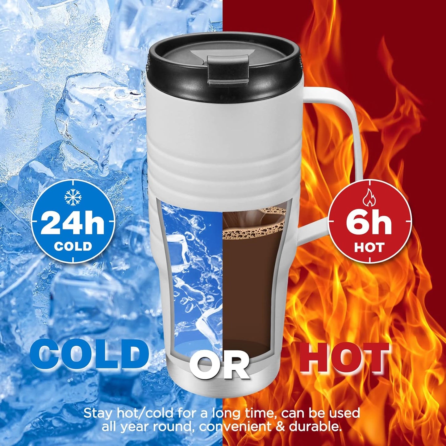 24 oz Travel Mug with Handle, Stainless Steel Vacuum Insulated Coffee, Double Wall Travel Mugs with Leakproof Lid, BPA Free