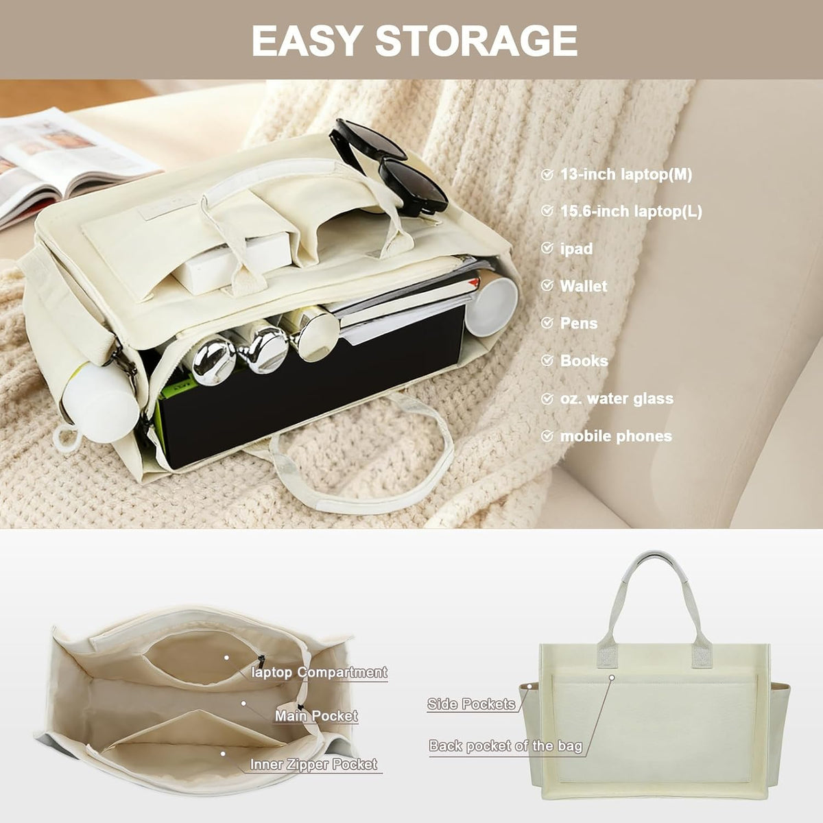 Women’s Canvas Multi-Pocket Tote Bag, Convertible Laptop Work Crossbody Shoulder Bag for Travel, Nurses & Teachers