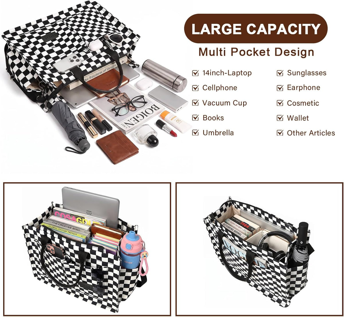 Women’s Canvas Multi-Pocket Tote Bag, Convertible Laptop Work Crossbody Shoulder Bag for Travel, Nurses & Teachers