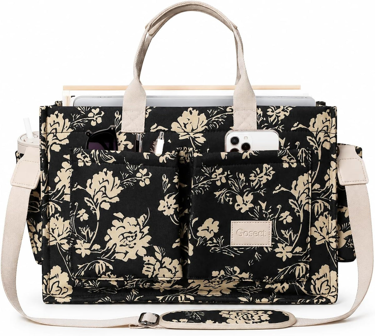 Women’s Canvas Multi-Pocket Tote Bag, Convertible Laptop Work Crossbody Shoulder Bag for Travel, Nurses & Teachers
