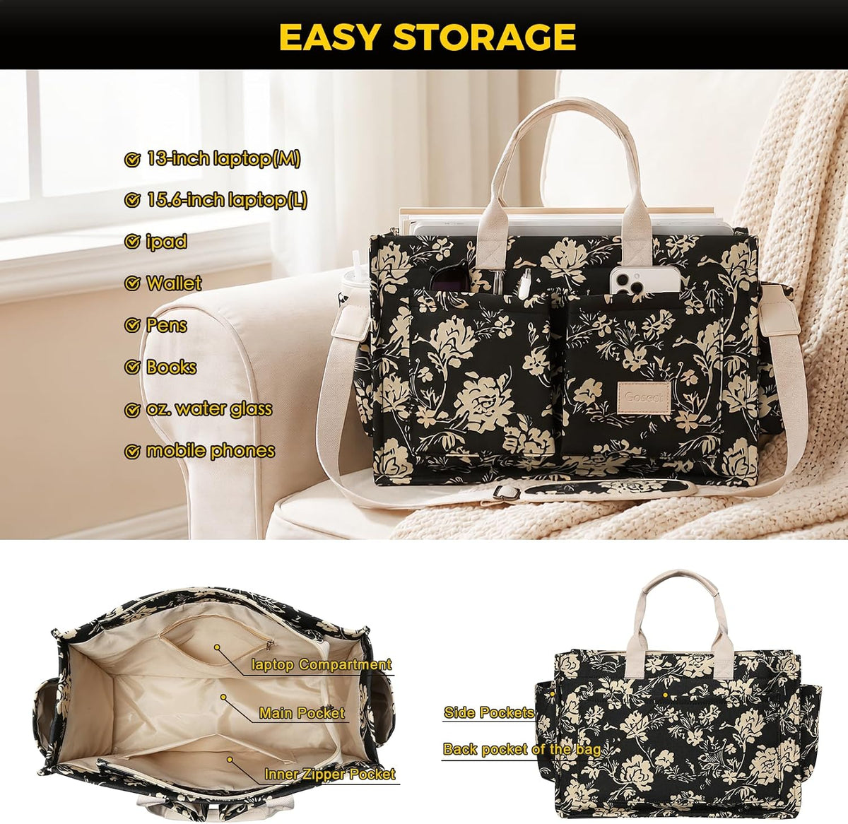 Women’s Canvas Multi-Pocket Tote Bag, Convertible Laptop Work Crossbody Shoulder Bag for Travel, Nurses & Teachers
