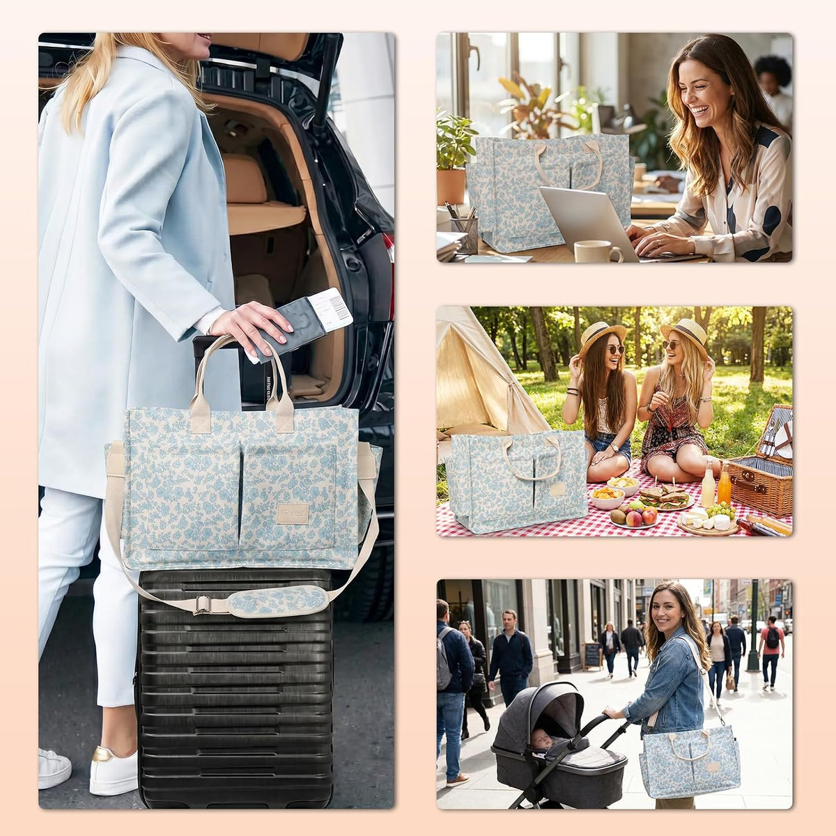 Women’s Canvas Multi-Pocket Tote Bag, Convertible Laptop Work Crossbody Shoulder Bag for Travel, Nurses & Teachers