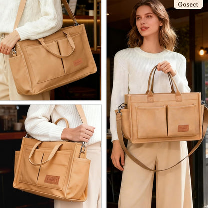 Women’s Canvas Multi-Pocket Tote Bag, Convertible Laptop Work Crossbody Shoulder Bag for Travel, Nurses & Teachers
