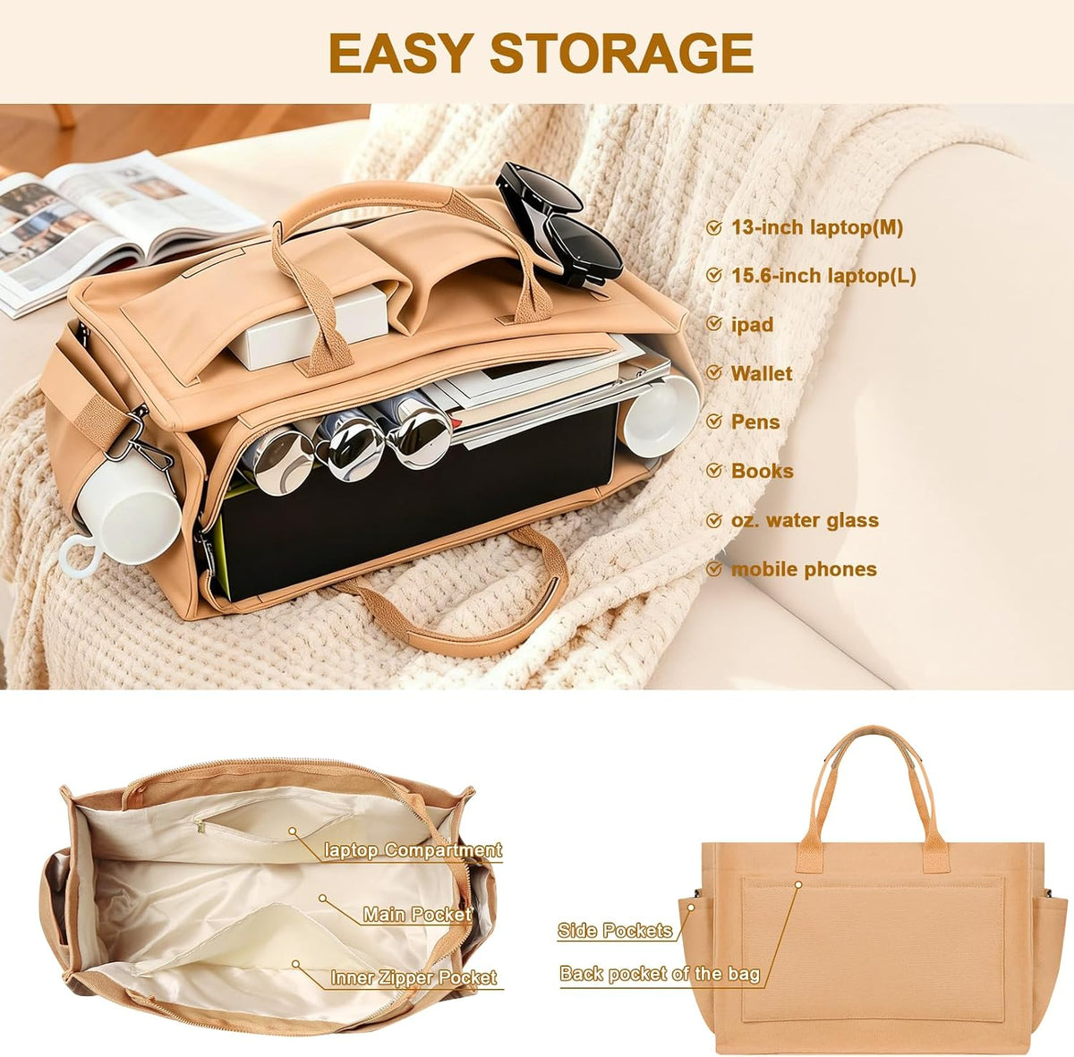 Women’s Canvas Multi-Pocket Tote Bag, Convertible Laptop Work Crossbody Shoulder Bag for Travel, Nurses & Teachers