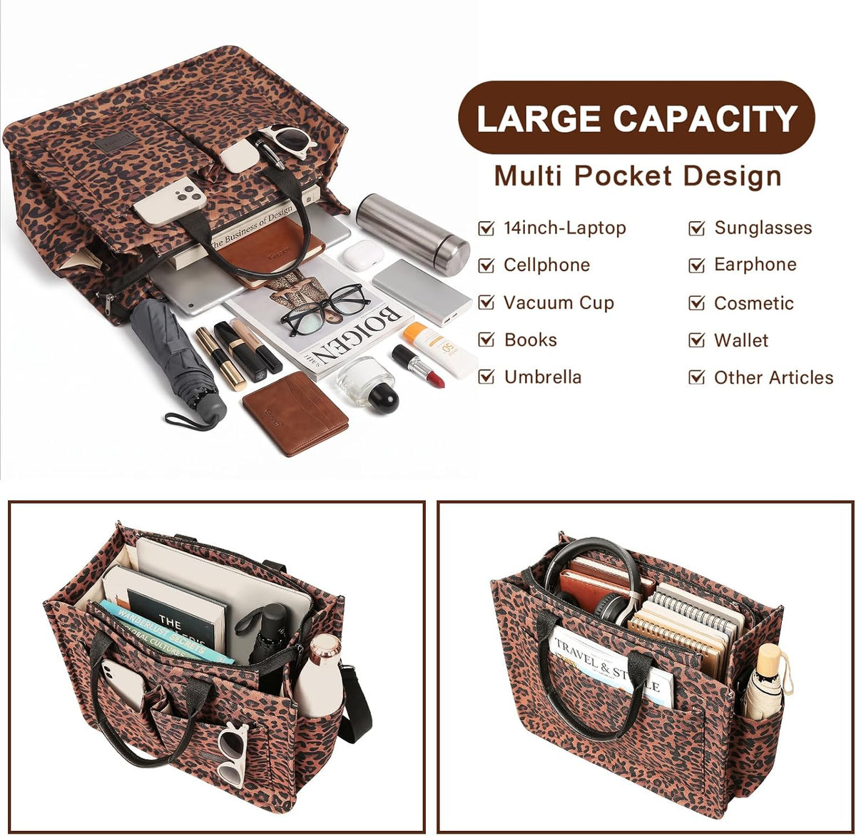 Women’s Canvas Multi-Pocket Tote Bag, Convertible Laptop Work Crossbody Shoulder Bag for Travel, Nurses & Teachers