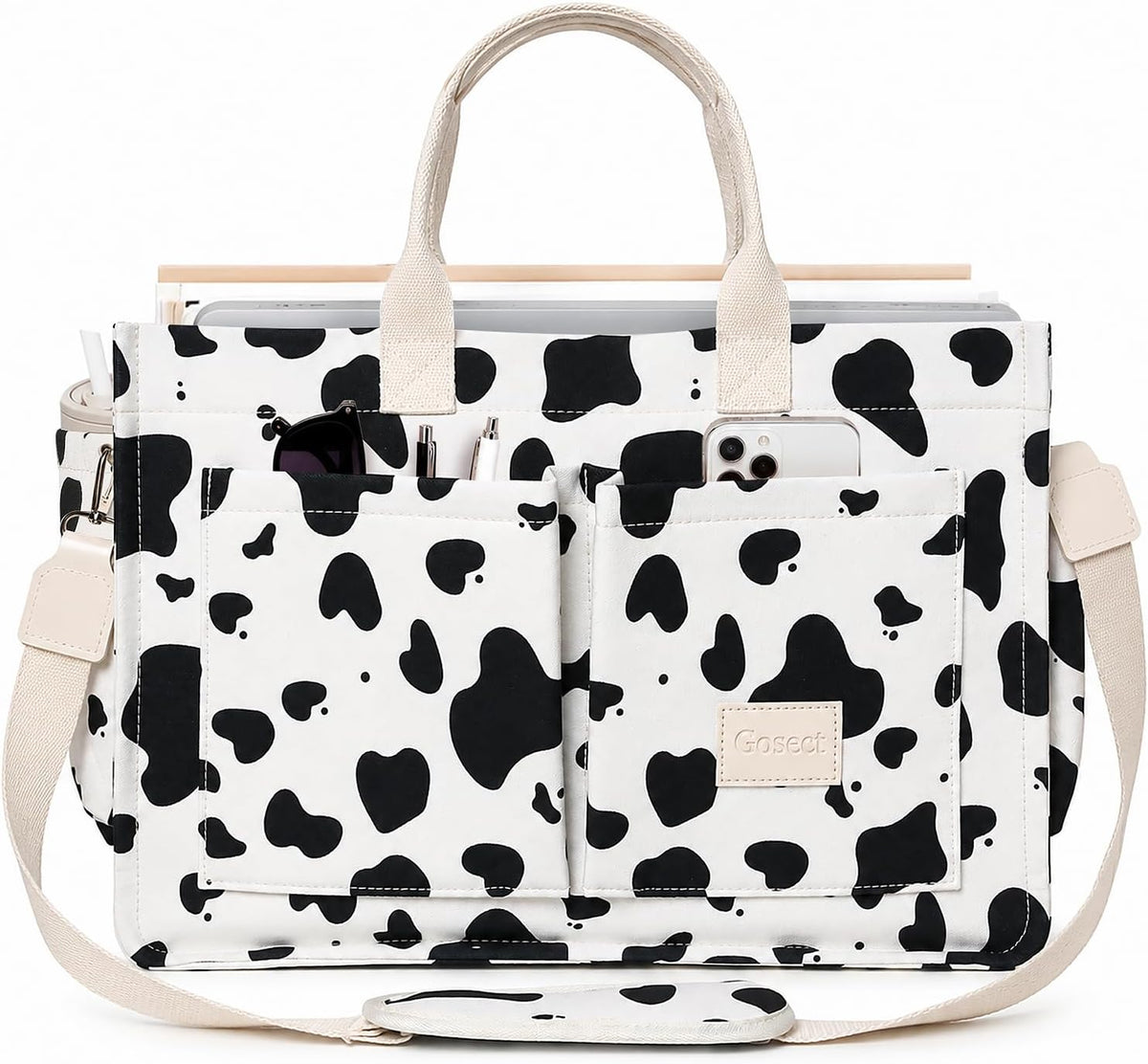 Women’s Canvas Multi-Pocket Tote Bag, Convertible Laptop Work Crossbody Shoulder Bag for Travel, Nurses & Teachers
