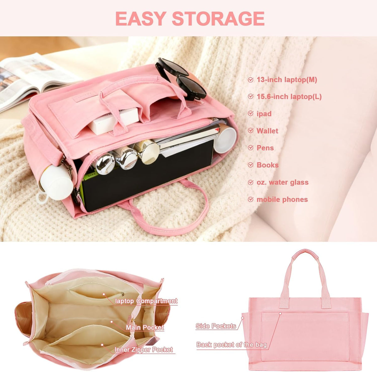Women’s Canvas Multi-Pocket Tote Bag, Convertible Laptop Work Crossbody Shoulder Bag for Travel, Nurses & Teachers