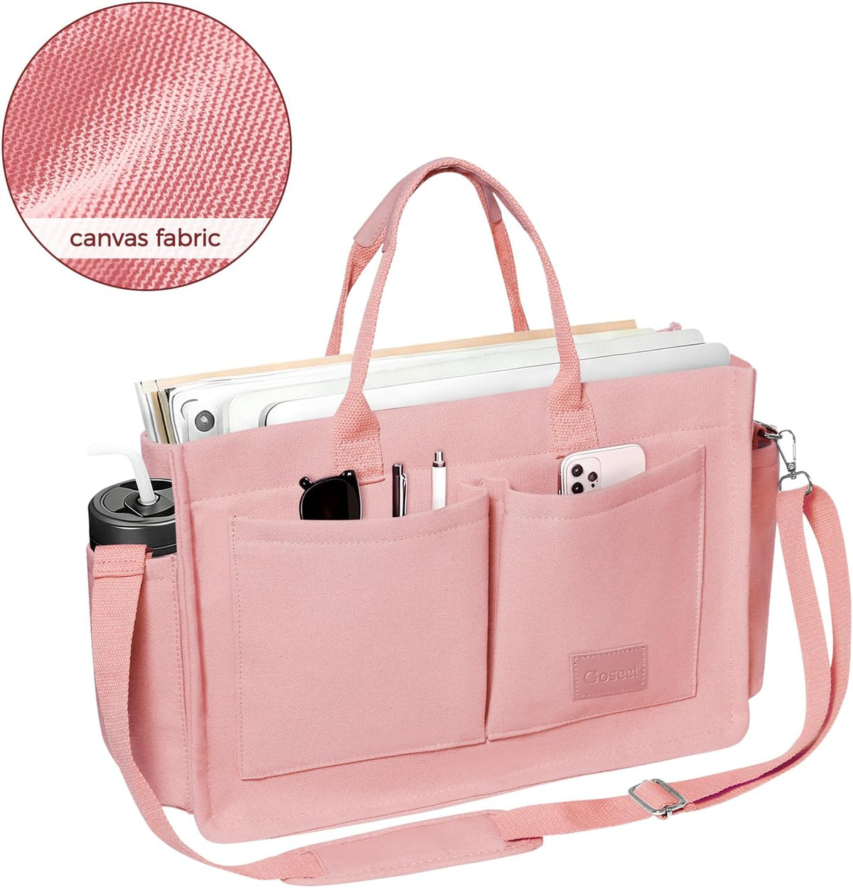 Women’s Canvas Multi-Pocket Tote Bag, Convertible Laptop Work Crossbody Shoulder Bag for Travel, Nurses & Teachers