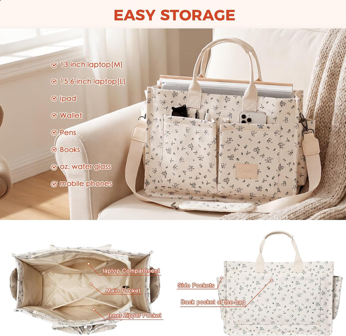 Women’s Canvas Multi-Pocket Tote Bag, Convertible Laptop Work Crossbody Shoulder Bag for Travel, Nurses & Teachers