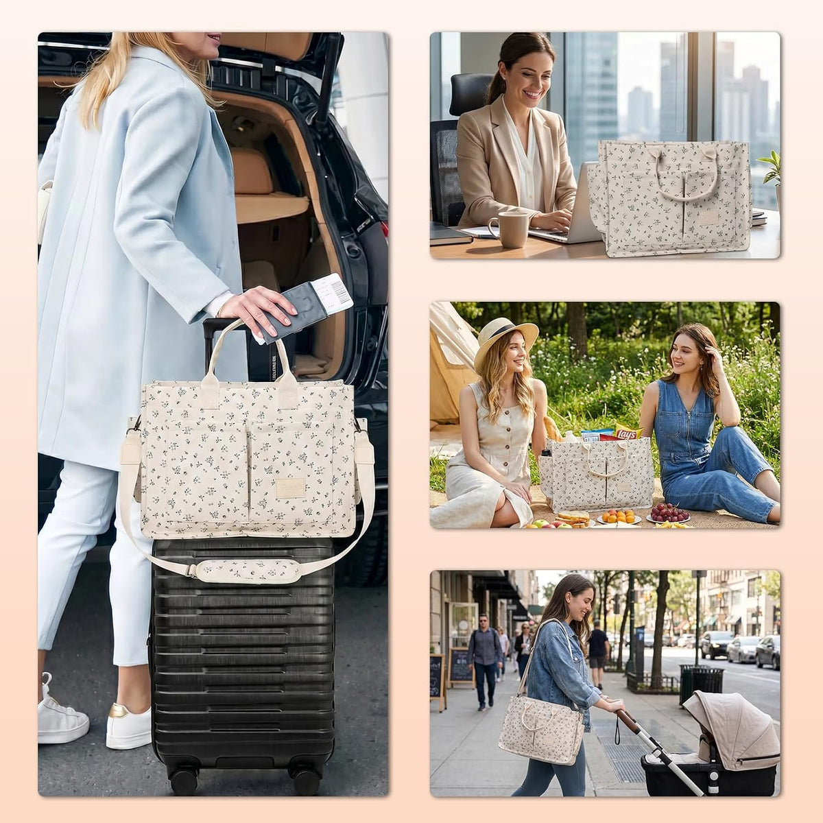 Women’s Canvas Multi-Pocket Tote Bag, Convertible Laptop Work Crossbody Shoulder Bag for Travel, Nurses & Teachers