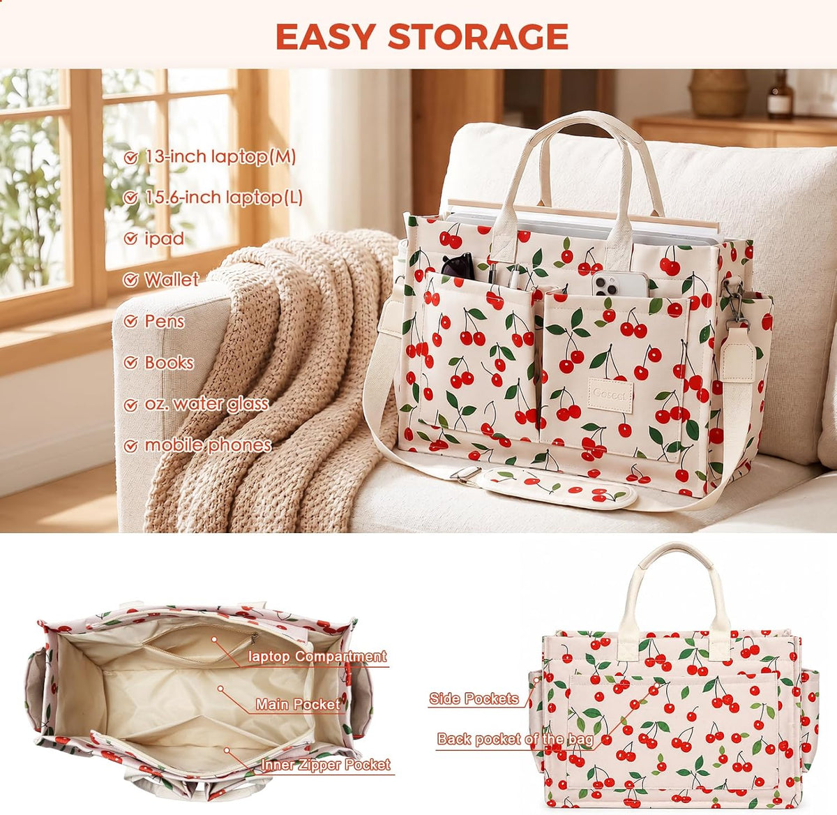 Women’s Canvas Multi-Pocket Tote Bag, Convertible Laptop Work Crossbody Shoulder Bag for Travel, Nurses & Teachers