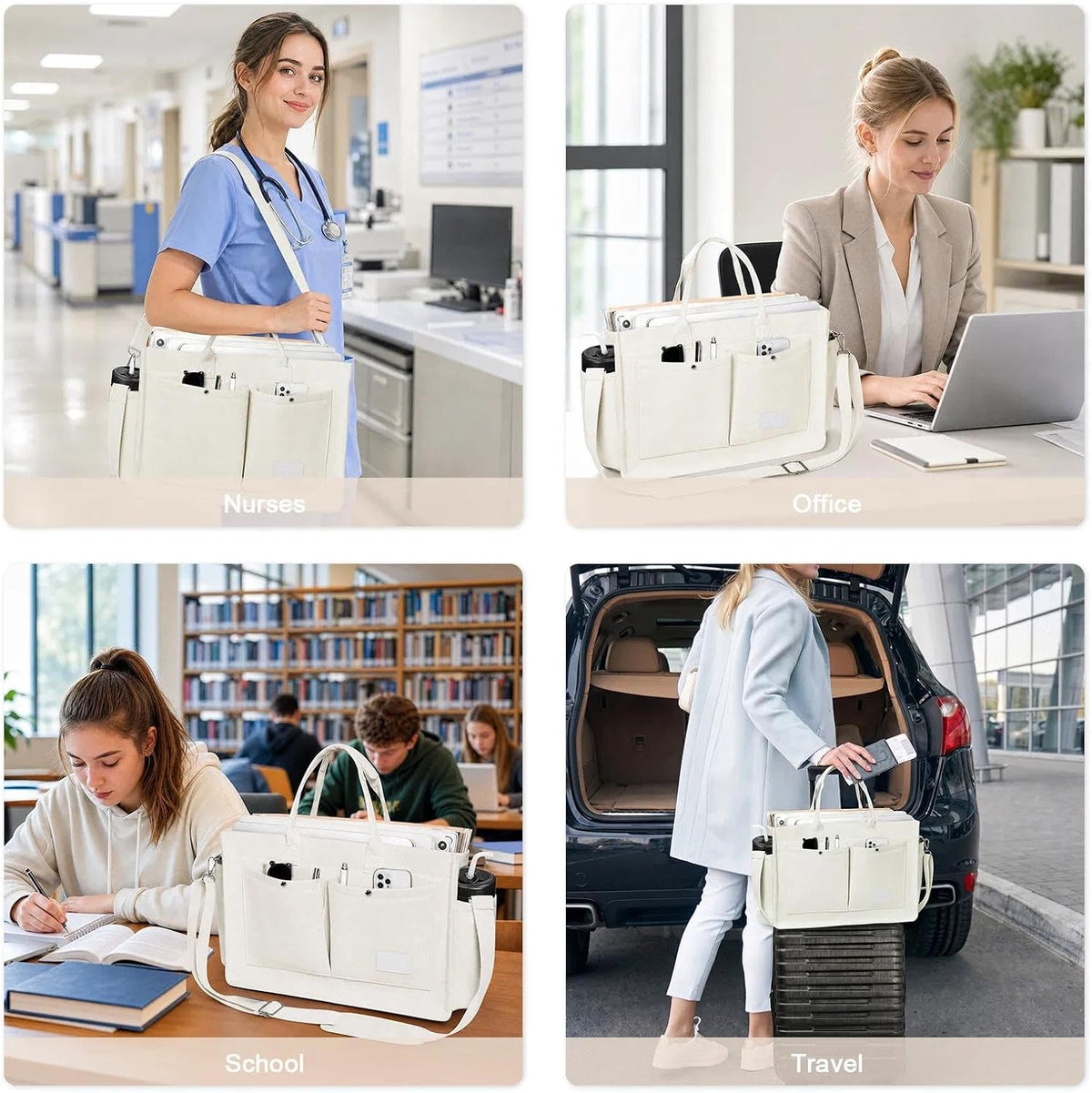 Women’s Canvas Multi-Pocket Tote Bag, Convertible Laptop Work Crossbody Shoulder Bag for Travel, Nurses & Teachers