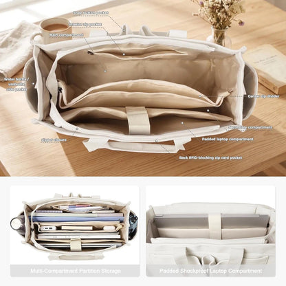 Women’s Canvas Multi-Pocket Tote Bag, Convertible Laptop Work Crossbody Shoulder Bag for Travel, Nurses & Teachers