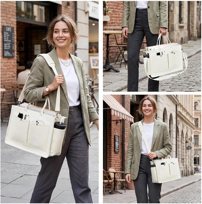 Women’s Canvas Multi-Pocket Tote Bag, Convertible Laptop Work Crossbody Shoulder Bag for Travel, Nurses & Teachers