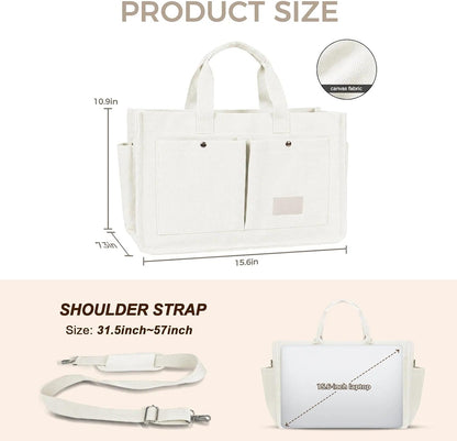 Women’s Canvas Multi-Pocket Tote Bag, Convertible Laptop Work Crossbody Shoulder Bag for Travel, Nurses & Teachers