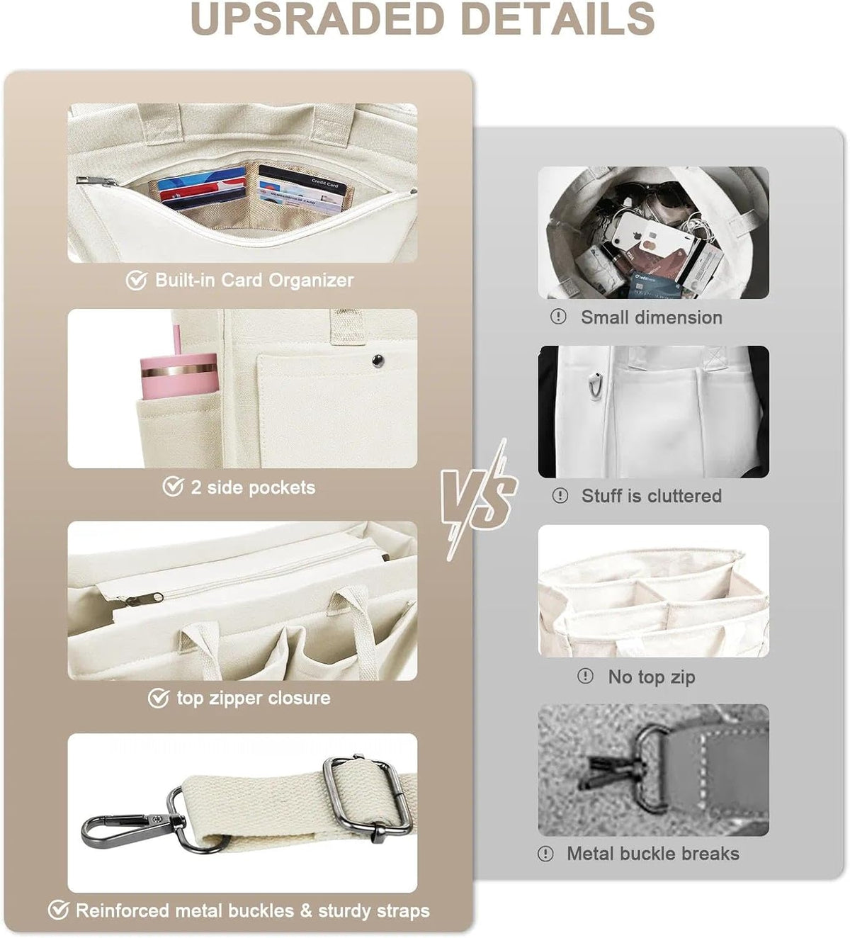 Women’s Canvas Multi-Pocket Tote Bag, Convertible Laptop Work Crossbody Shoulder Bag for Travel, Nurses & Teachers