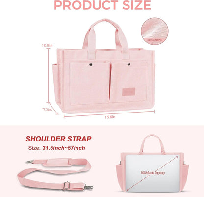 Women’s Canvas Multi-Pocket Tote Bag, Convertible Laptop Work Crossbody Shoulder Bag for Travel, Nurses & Teachers