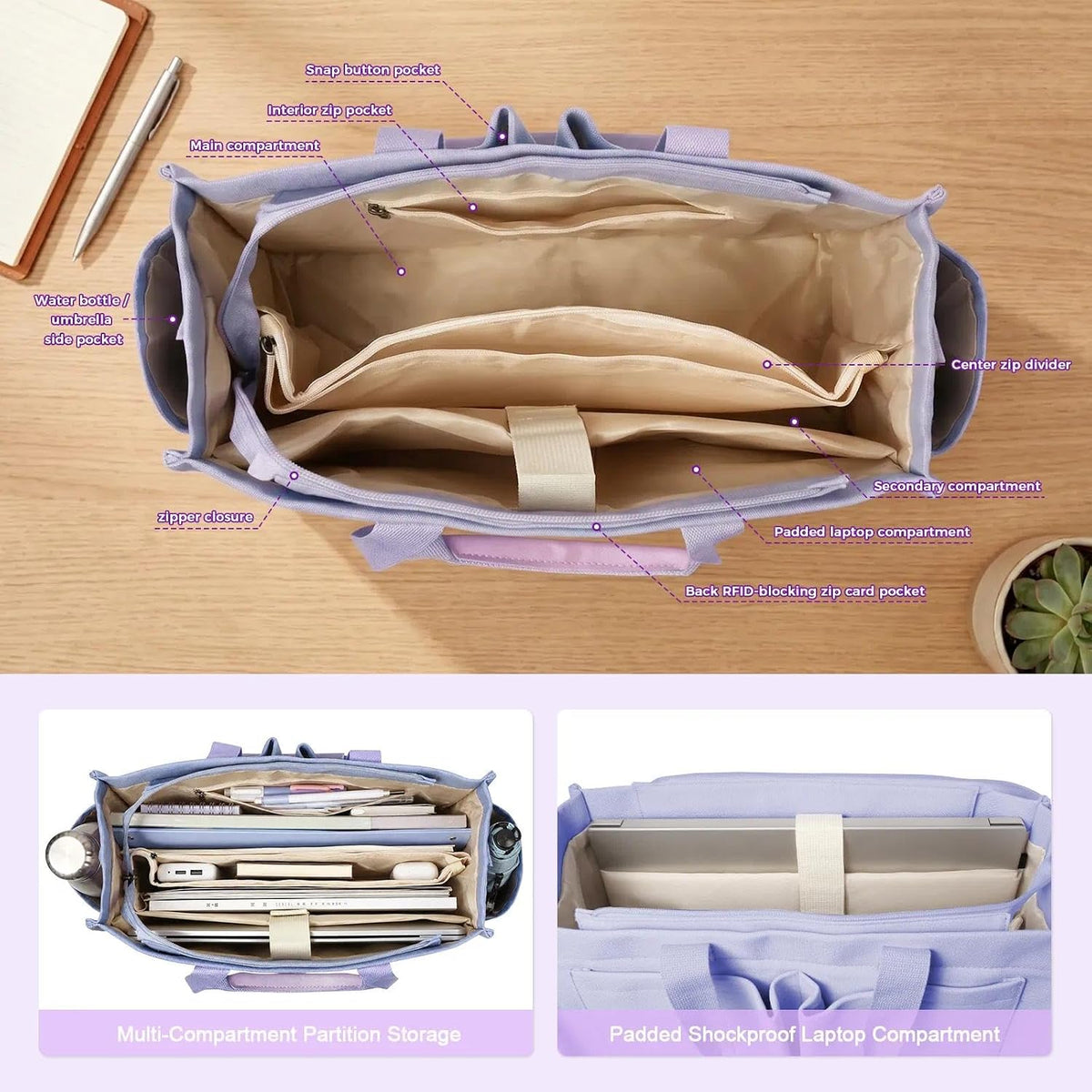Women’s Canvas Multi-Pocket Tote Bag, Convertible Laptop Work Crossbody Shoulder Bag for Travel, Nurses & Teachers