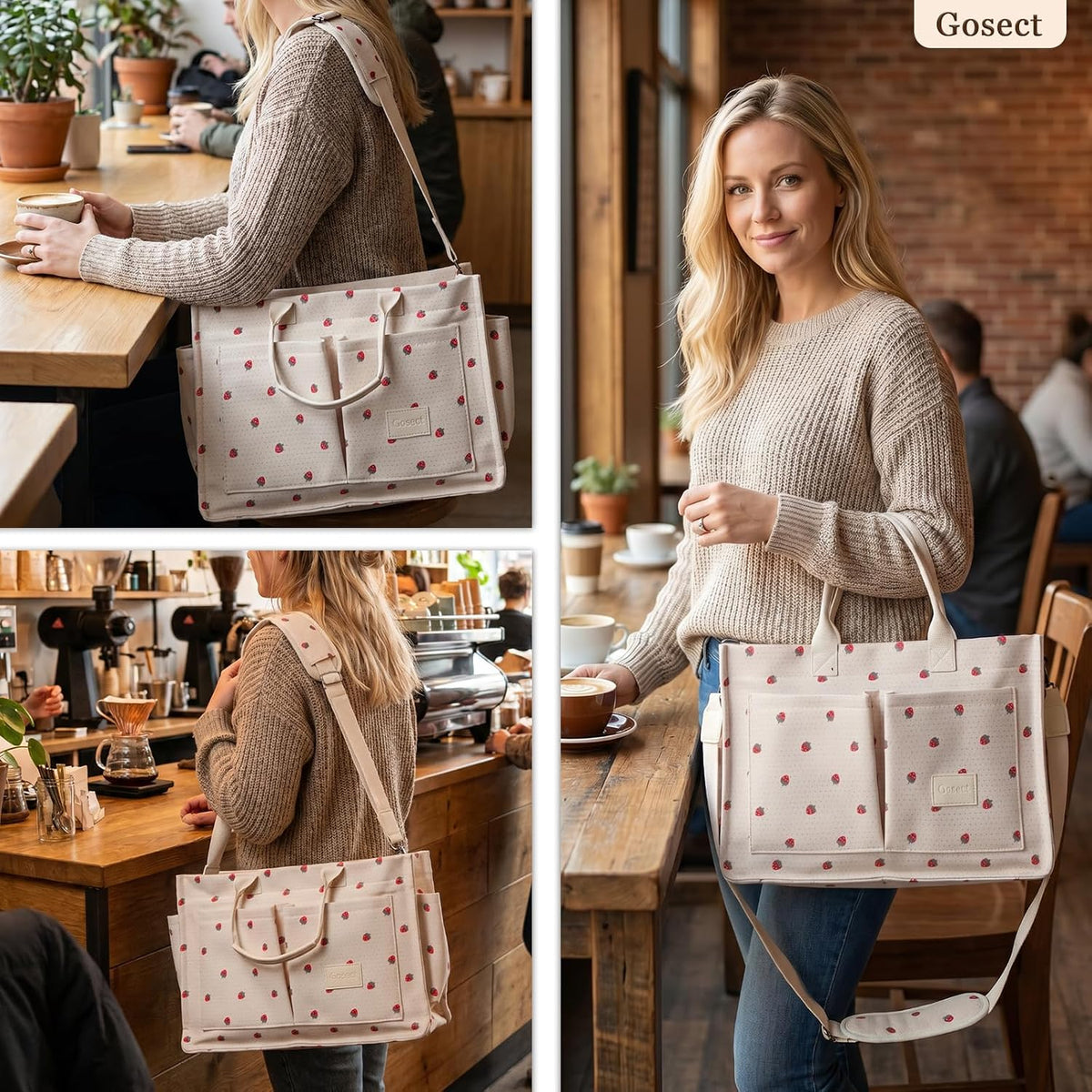 Women’s Canvas Multi-Pocket Tote Bag, Convertible Laptop Work Crossbody Shoulder Bag for Travel, Nurses & Teachers