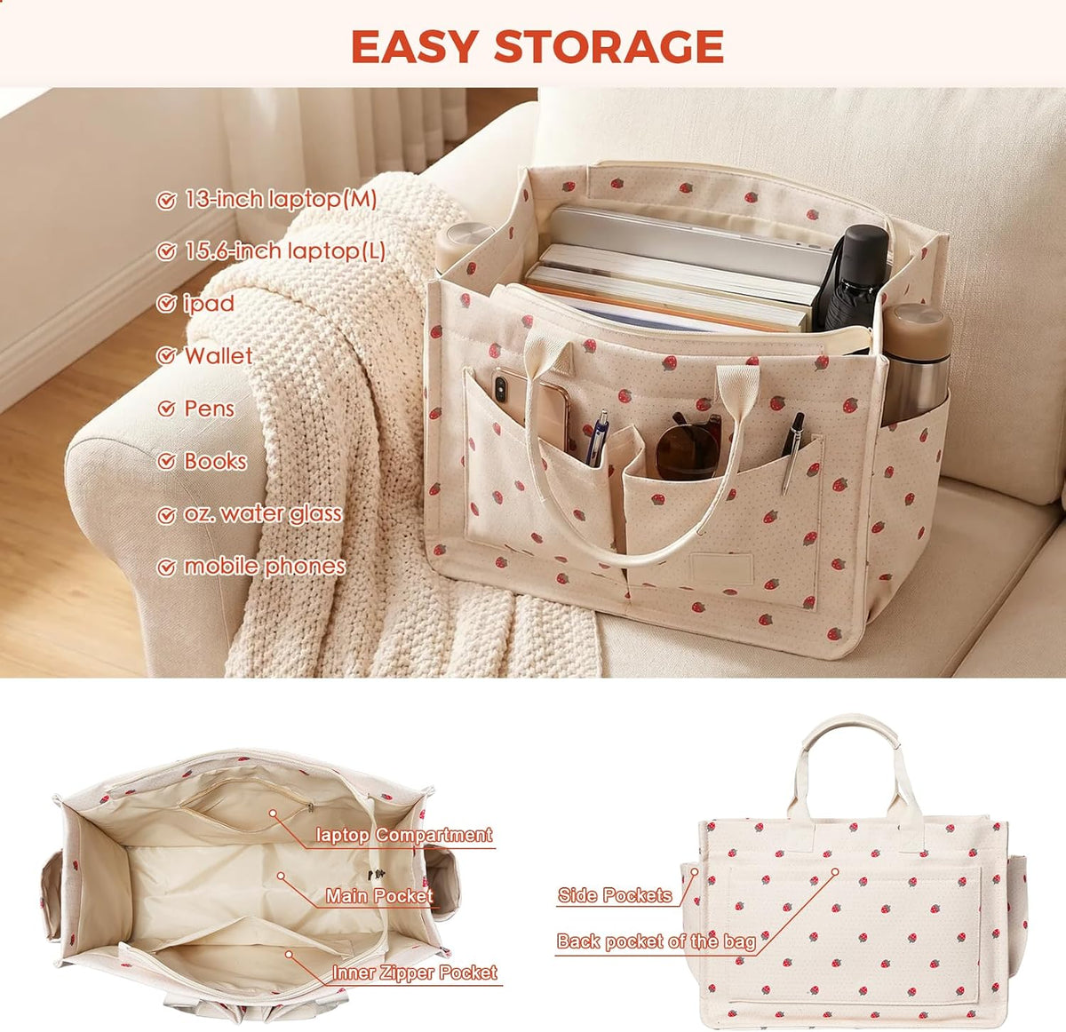 Women’s Canvas Multi-Pocket Tote Bag, Convertible Laptop Work Crossbody Shoulder Bag for Travel, Nurses & Teachers