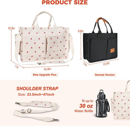 Women’s Canvas Multi-Pocket Tote Bag, Convertible Laptop Work Crossbody Shoulder Bag for Travel, Nurses & Teachers