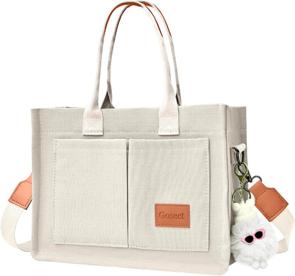 Women’s Canvas Multi-Pocket Tote Bag, Convertible Laptop Work Crossbody Shoulder Bag for Travel, Nurses & Teachers