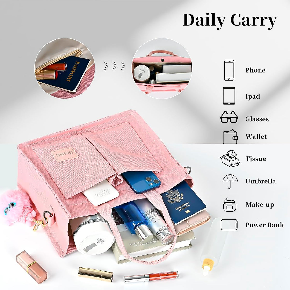 Women’s Canvas Multi-Pocket Tote Bag, Convertible Laptop Work Crossbody Shoulder Bag for Travel, Nurses & Teachers