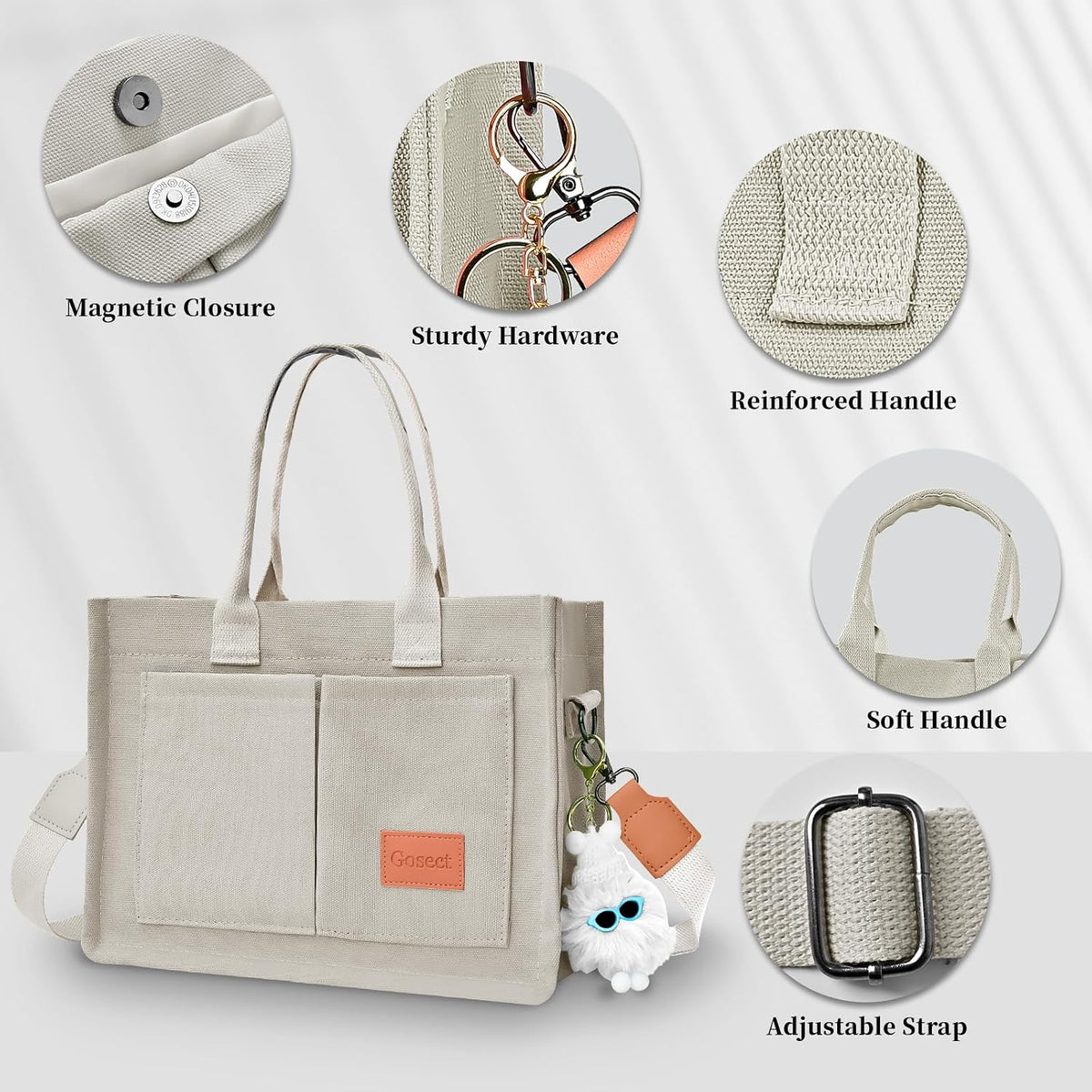 Women’s Canvas Multi-Pocket Tote Bag, Convertible Laptop Work Crossbody Shoulder Bag for Travel, Nurses & Teachers