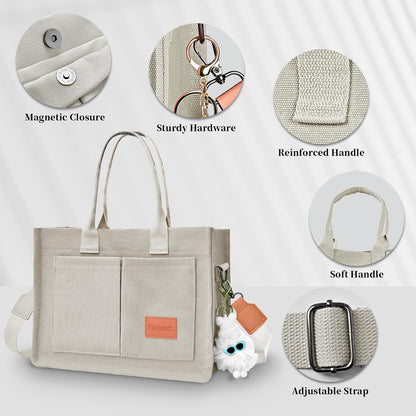 Women’s Canvas Multi-Pocket Tote Bag, Convertible Laptop Work Crossbody Shoulder Bag for Travel, Nurses & Teachers
