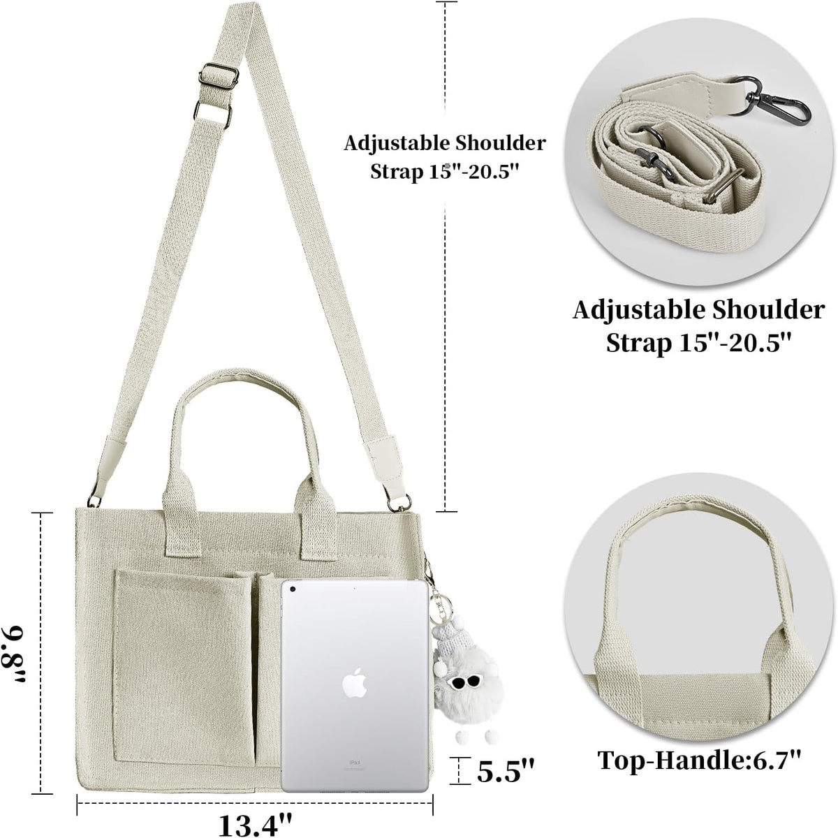 Women’s Canvas Multi-Pocket Tote Bag, Convertible Laptop Work Crossbody Shoulder Bag for Travel, Nurses & Teachers