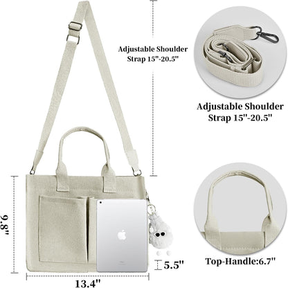 Women’s Canvas Multi-Pocket Tote Bag, Convertible Laptop Work Crossbody Shoulder Bag for Travel, Nurses & Teachers